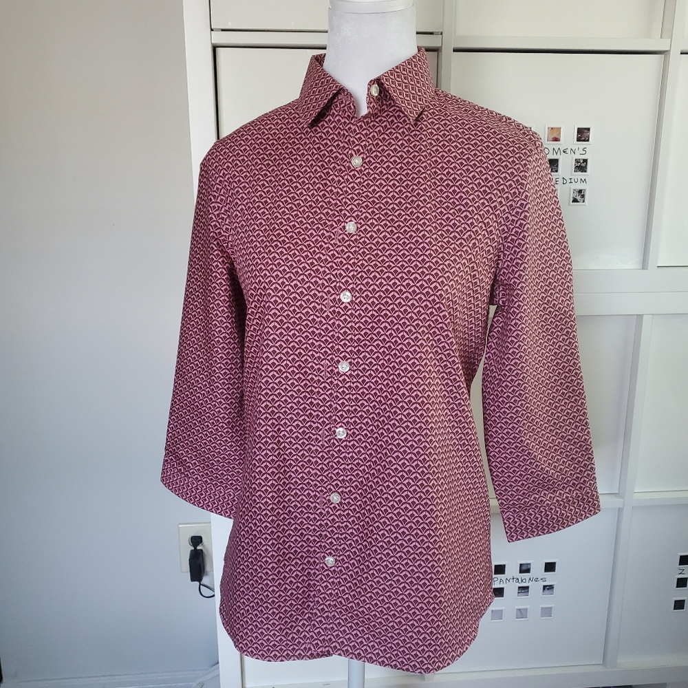Lands' End No Iron Supima Cotton Geometric 3/4 Sleeve Shirt Size 2